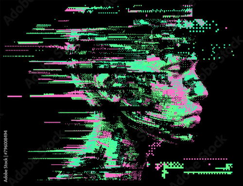 Glitched and pixelated silhouette of a 3D human head on a dark background. Conceptual vector illustration about man in the age of technology. 