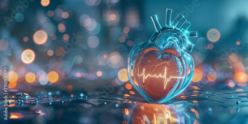 Futuristic Heart Model on Reflective Surface with City Lights Bokeh.. photo