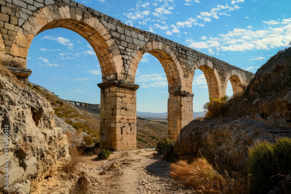 Envision the grandeur of an ancient aqueduct, its towering arches and crumbling conduits bearing witness to the ingenuity of a lost civilization, Generative AI Envision the grandeur of an ancient aqueduct, its towering arches and crumbling conduits bearing witness to the ingenuity of a lost civilization, Generative AI