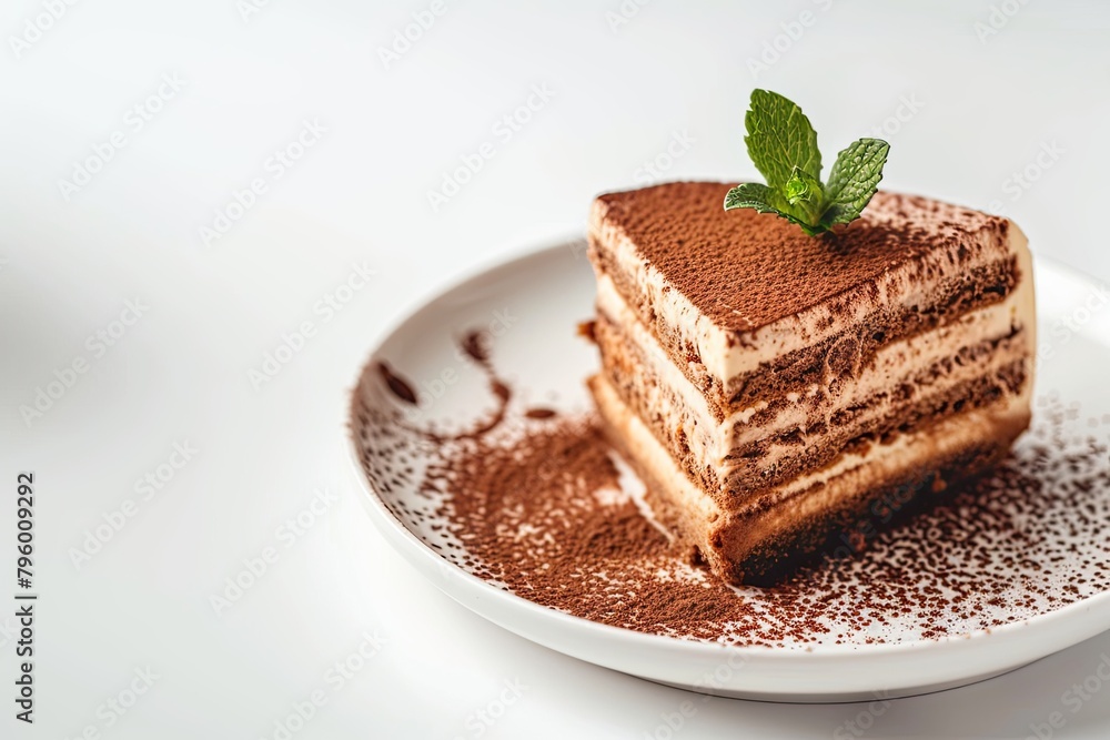 Tiramisu cake decorated with cocoa powder and fresh green mint leaf. Piece of cake on white ceramic plate on white background Tiramisu cake decorated with cocoa powder and fresh green mint leaf. Piece of cake on white ceramic plate on white background
