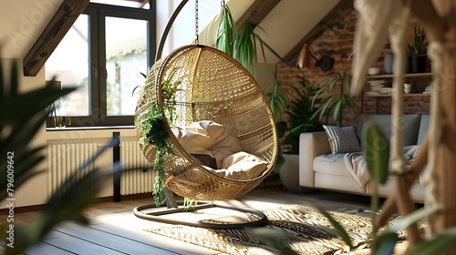 Cozy hanging chair in the loft living room with stylish and bohemia design photo