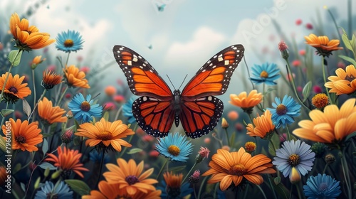 A stunning Monarch butterfly perches on an array of vividly colored daisies  encapsulating the essence of springtime bloom.