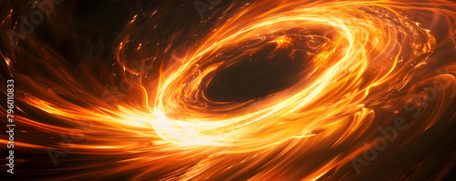 Abstract background of the black hole from plate type star, glowing orange and yellow light swirls on dark space.