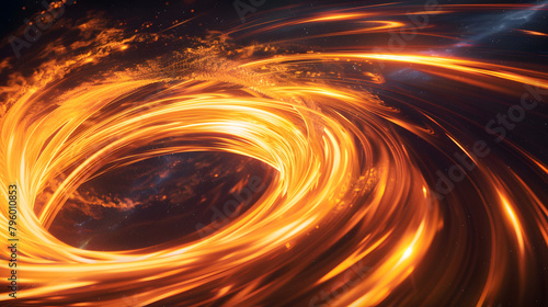 Abstract background of the black hole from plate type star, glowing orange and yellow light swirls on dark space.