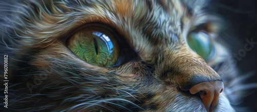 A detailed view capturing the face of a cat with striking green eyes and a curious expression photo
