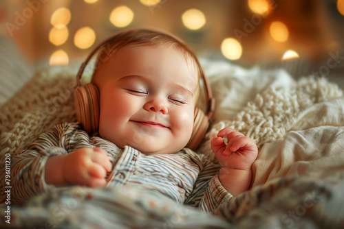 Contented infant with closed eyes wearing headphones enjoys soothing music against a warm bokeh background