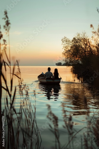 Romantic Boat Ride on a Tranquil Lake at Golden Hour, With The Soft Glow of Sunset Reflecting Off The Water And Creating a Serene And Intimate Atmosphere, Generative AI
