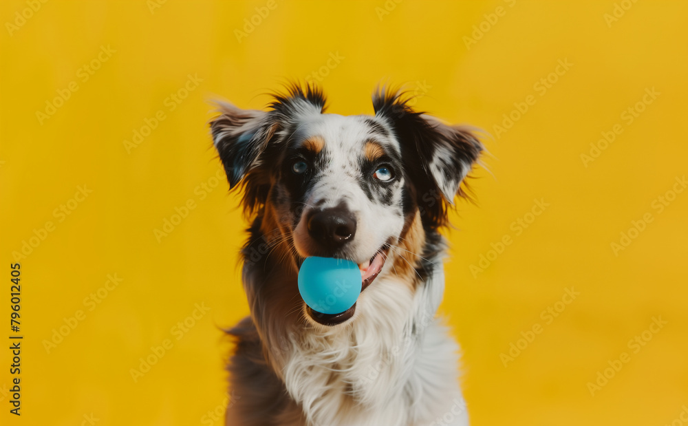 Happy dog with a light blue ball un yellow background