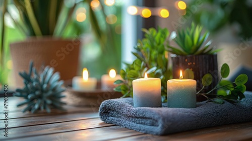 A tranquil spa setting with lit candles  fresh greenery  and a wooden surface