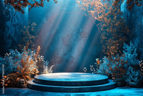 A serene underwater scene featuring a round platform with sunbeams penetrating the ocean depth photo