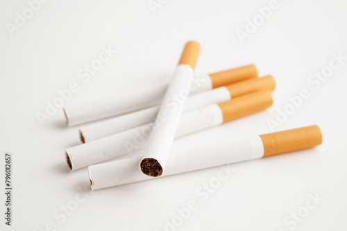 Cigarette, roll tobacco in paper with filter tube, No smoking concept.