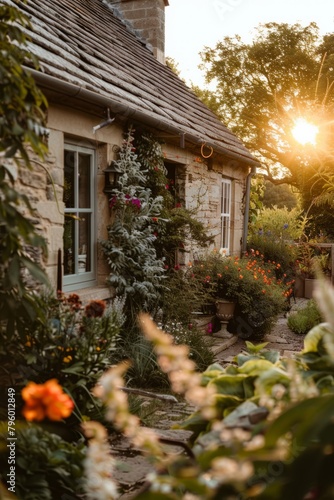 Picturesque Countryside Cottage Glowing in The Golden Hour Light, Surrounded by Lush Greenery And Colorful Flowers, Generative AI