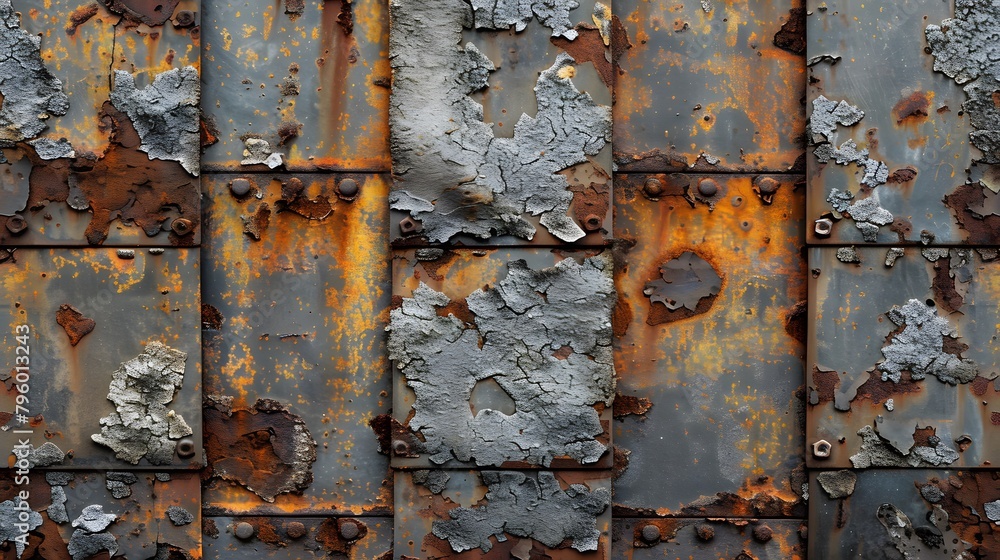 A weathered, rusting steel wall with visible signs of wear and tear. The colors on the surface range from light gray to dark brown A weathered, rusting steel wall with visible signs of wear and tear. The colors on the surface range from light gray to dark brown