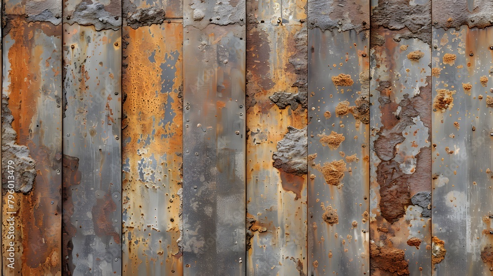 A weathered, rusting steel wall with visible signs of wear and tear. The colors on the surface range from light gray to dark brown A weathered, rusting steel wall with visible signs of wear and tear. The colors on the surface range from light gray to dark brown