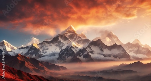 Panoramic view of the Himalayas. Sunrise over the mountains. photo