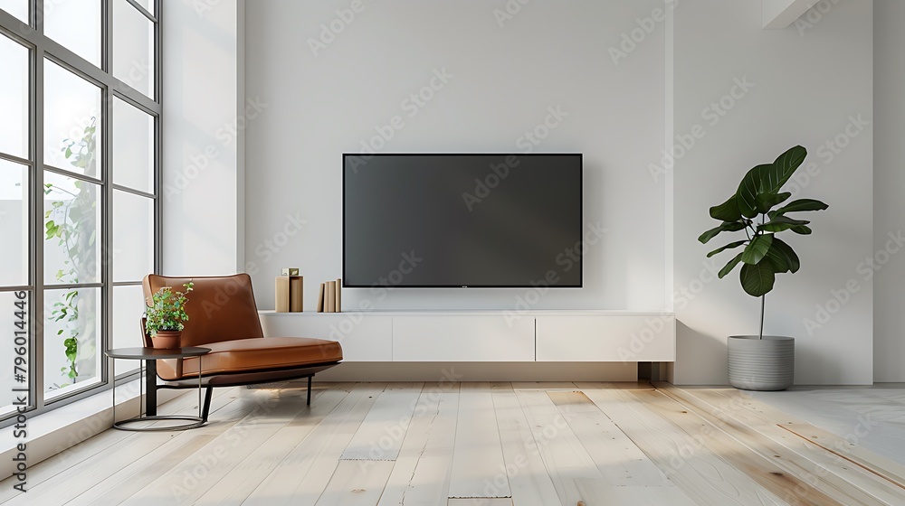 Living room interior have cabinet for tv and leather armchair in white room Living room interior have cabinet for tv and leather armchair in white room