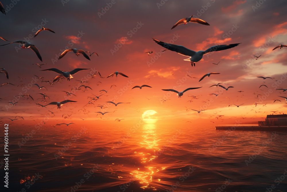 Fototapeta premium sunset over the sea with flying birds