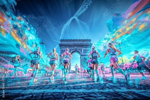Runners in front of the Arc de Triomphe in Paris for Olympic Games