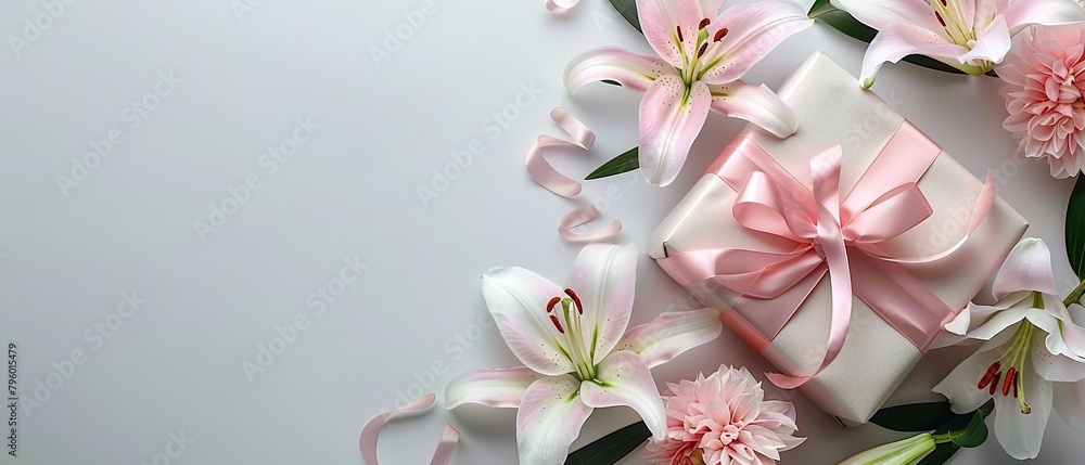 A brown gift box with pink and white lilies on clean surface a top view and a big space on it for text or product advertisement background,  Generative AI.