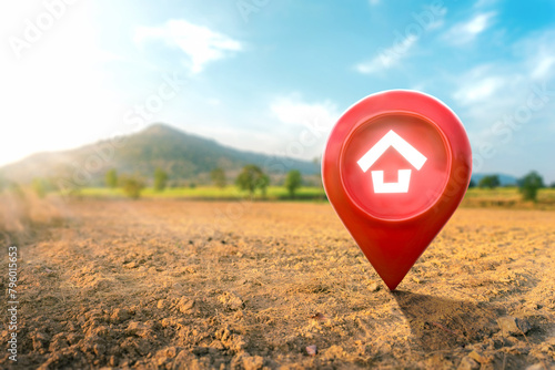 House symbol with location pin icon on empty dry cracked swamp reclamation soil in real estate sale or property investment concept, Buying new home for family - 3d illustration of big advertising sign