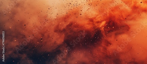 A detailed view of a dense cloud of crimson smoke and particles in the air, creating a mysterious and dramatic atmosphere