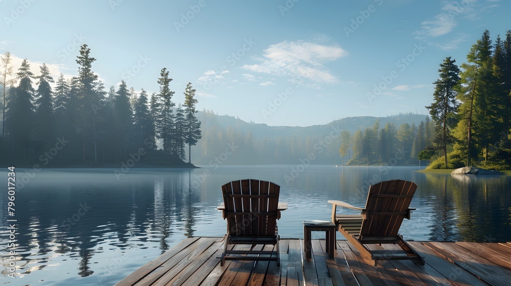 Naklejka premium On the dock, two wooden chairs and small side tables sit, offering comfort by the lake.