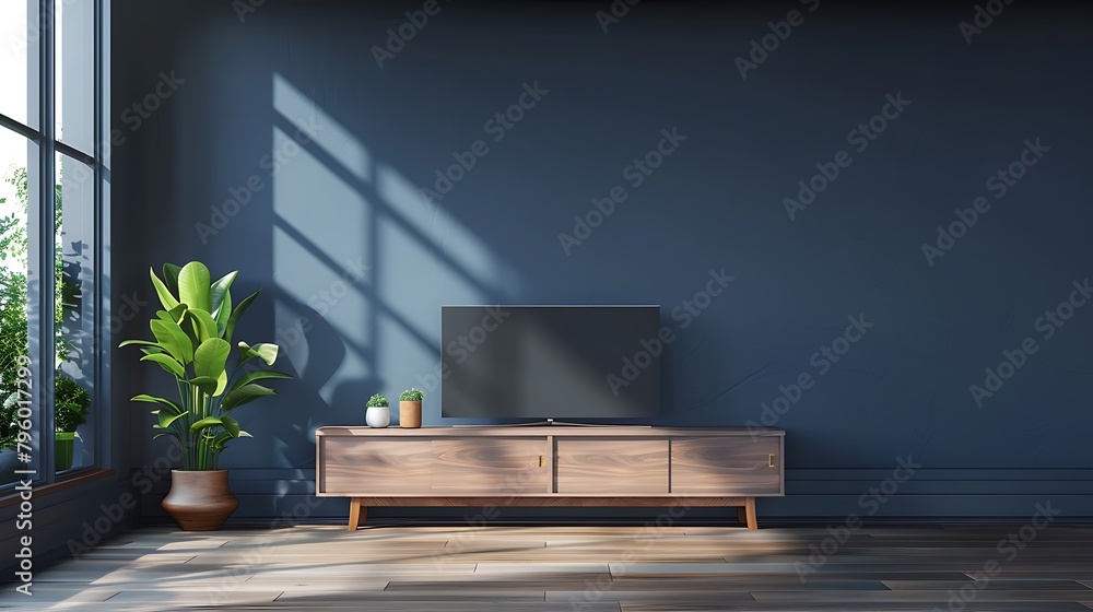 Mockup tv on cabinet in modern empty room with behind the dark blue wall Mockup tv on cabinet in modern empty room with behind the dark blue wall
