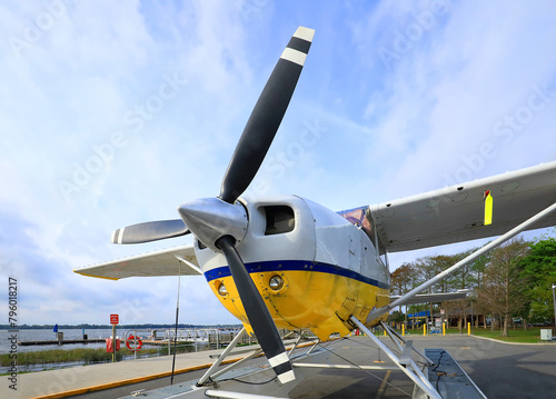 Close up of a seaplane parked and ready to takeoff.