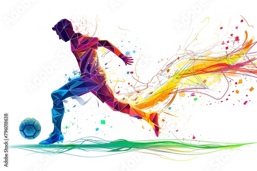 Vivid outlines of geometry over a white backdrop, a man football pro kicks a football with his legs abstract artwork for utilizing and space, Generative AI.