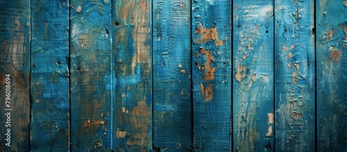 Close-up view of a weathered blue wooden wall with peeling paint and texture details, emphasizing the worn-out appearance