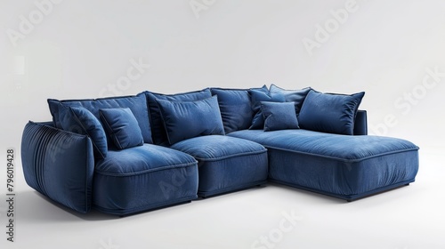 Eco-friendly, space-saving blue corner sofa that transitions seamlessly from seating to sleeping, in a minimalist setting on an isolated background