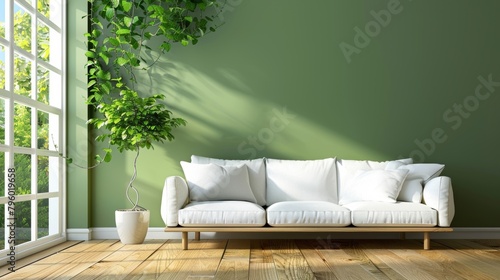 Refreshing minimalist interior, mid-century charm with a spotless white sofa, green plant on a harmonious green wall, timeless wooden floor design photo