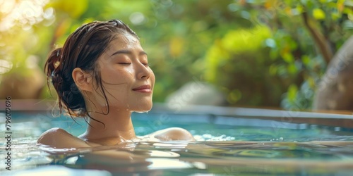 Asian Woman in Onsen with Serene Expression  Stress Relief and Solitude  Holistic Health Spa - Hospitality  Wellness Industry.