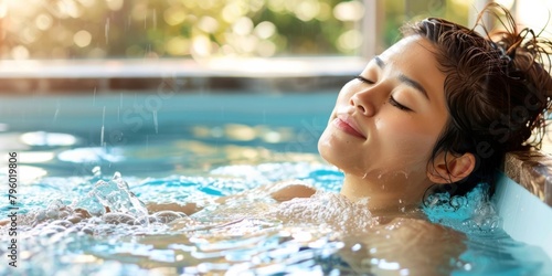 Asian Woman in Onsen with Serene Expression  Stress Relief and Solitude  Holistic Health Spa - Hospitality  Wellness Industry.