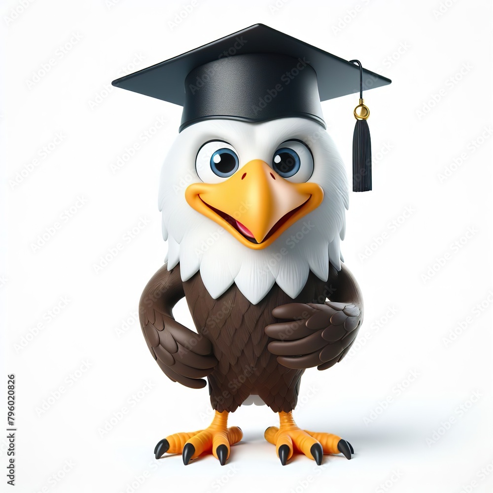 Cute character 3D image of A Eagle is wearing a hat in a graduation ceremony