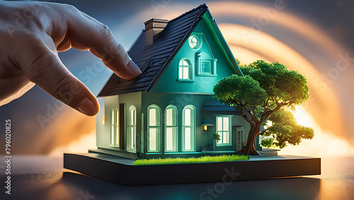 Real estate investment concept. Man touch virtual house icon for analysing mortgage loan home and insurance real property mortgage. interest rate, Investment planning, business real estate . photo