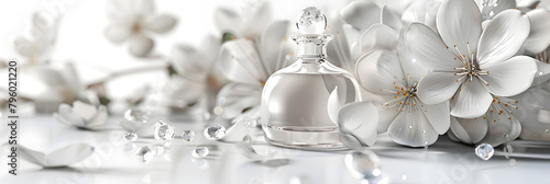 Perfumery, fragrance collection, Perfume bottle with delicate jasmine flowers 