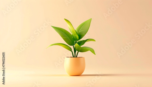 3D cartoon, cute green potted plant, simple white background, pastel light color palette, isometric view.