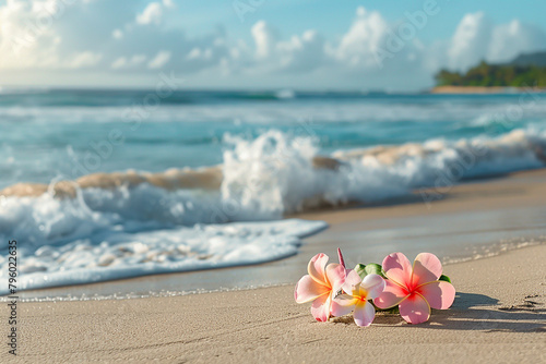 Generative AI Image of Balinese Frangipani Flower by the Beach with Sea Waves in Summer