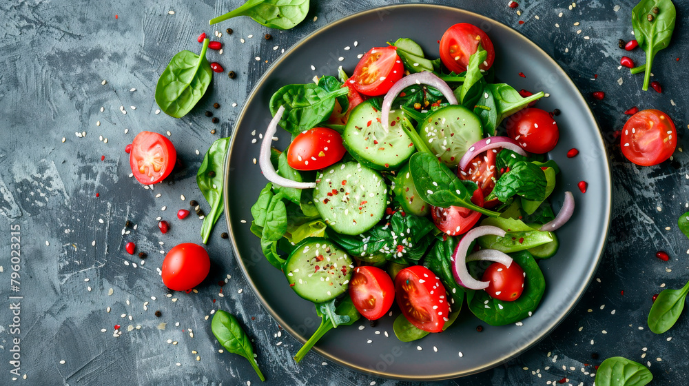 A garden salad made with tomatoes, cucumbers, onions, and spinach served on a black plate. A refreshing dish with fresh ingredients