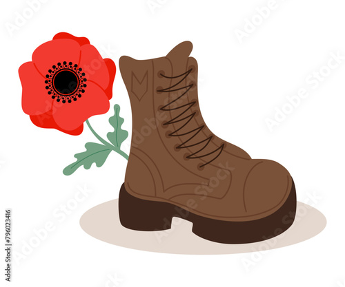 Military veteran boot with red poppy flower. Vector illustration in flat style.