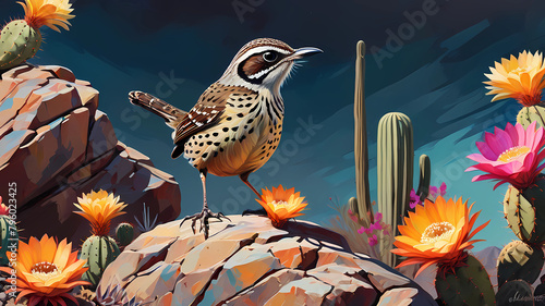 cactus wren bird on a rock colorful background arizona desert dark sky artwork painting cactus big flowers abstract cactus flower