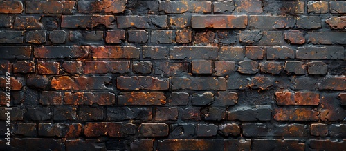 Detailed view of an aged brick wall covered in rust and flaking paint, showing signs of deterioration and neglect