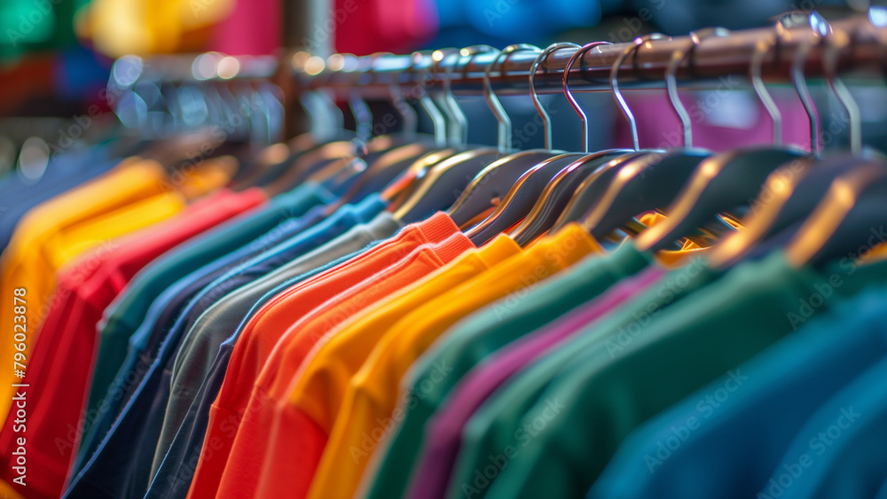 Colorful t-shirts on hangers in a clothing store. Colorful t-shirts on hangers in a clothing store.