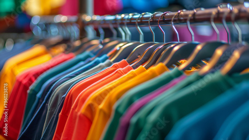 Colorful t-shirts on hangers in a clothing store.