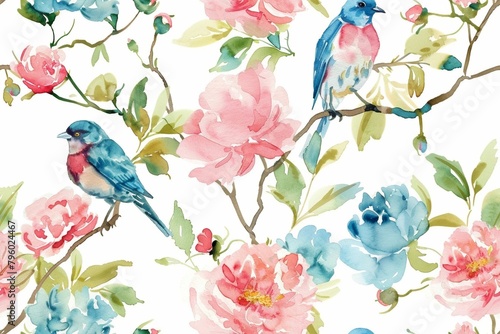 Seamless vintage watercolor with peonies and birds.