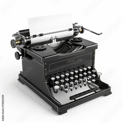 3D Render of a classic typewriter with paper and ink ribbon, on isolated white background, Generative AI