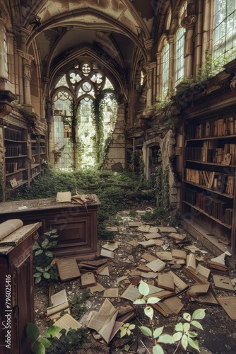 Wander through the overgrown ruins of an ancient library, where crumbling shelves and tattered scrolls speak of lost and forgotten wisdom, Generative AI