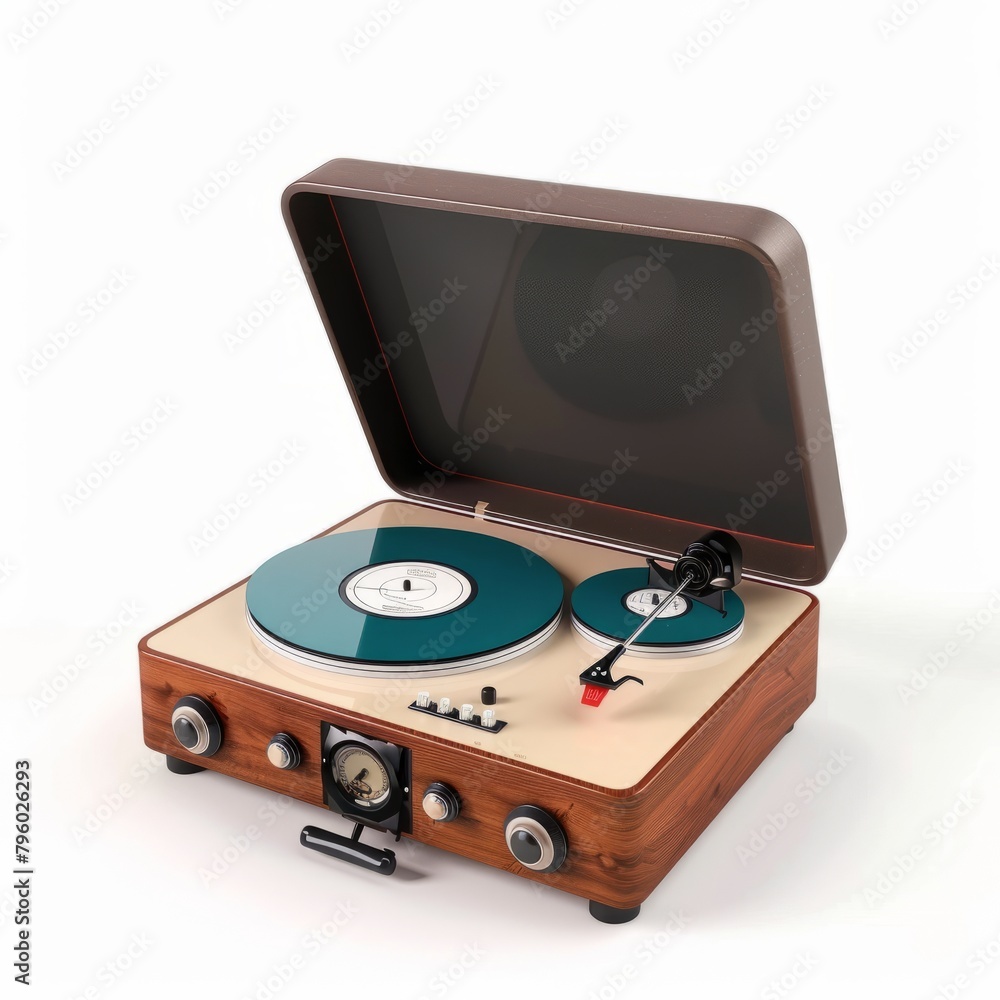 Fototapeta premium 3D Render of a retro record player with vinyl records, on isolated white background, Generative AI 