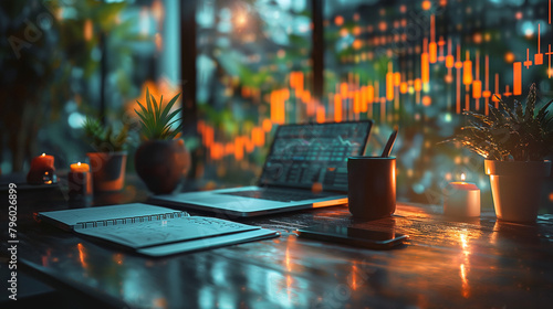 Double exposure of financial chart drawings and desk with open notebook background. Concept of forex market.